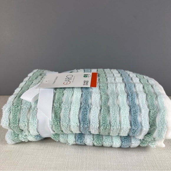 Caro Home Striped Hand Towels - Green Blue White Textured 100% Cotton 2 pc NEW - Picture 4 of 6